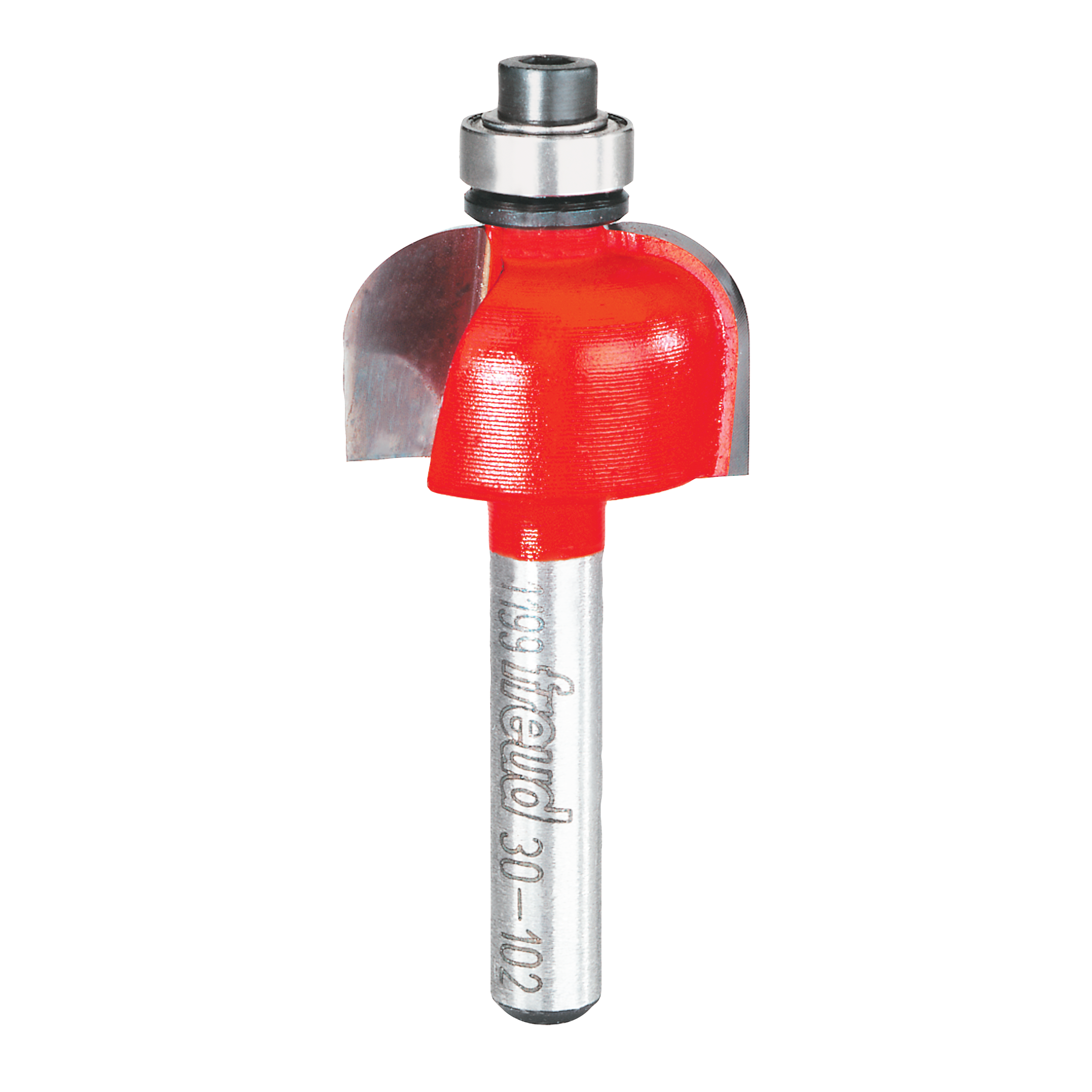 Router bit with red cove cutting head and metal shank with silver bearing collar.