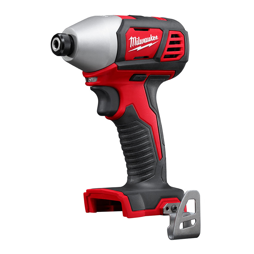 Milwaukee M18 compact impact driver with red and black body, 1/4 inch hex chuck, and battery base shown without battery insta