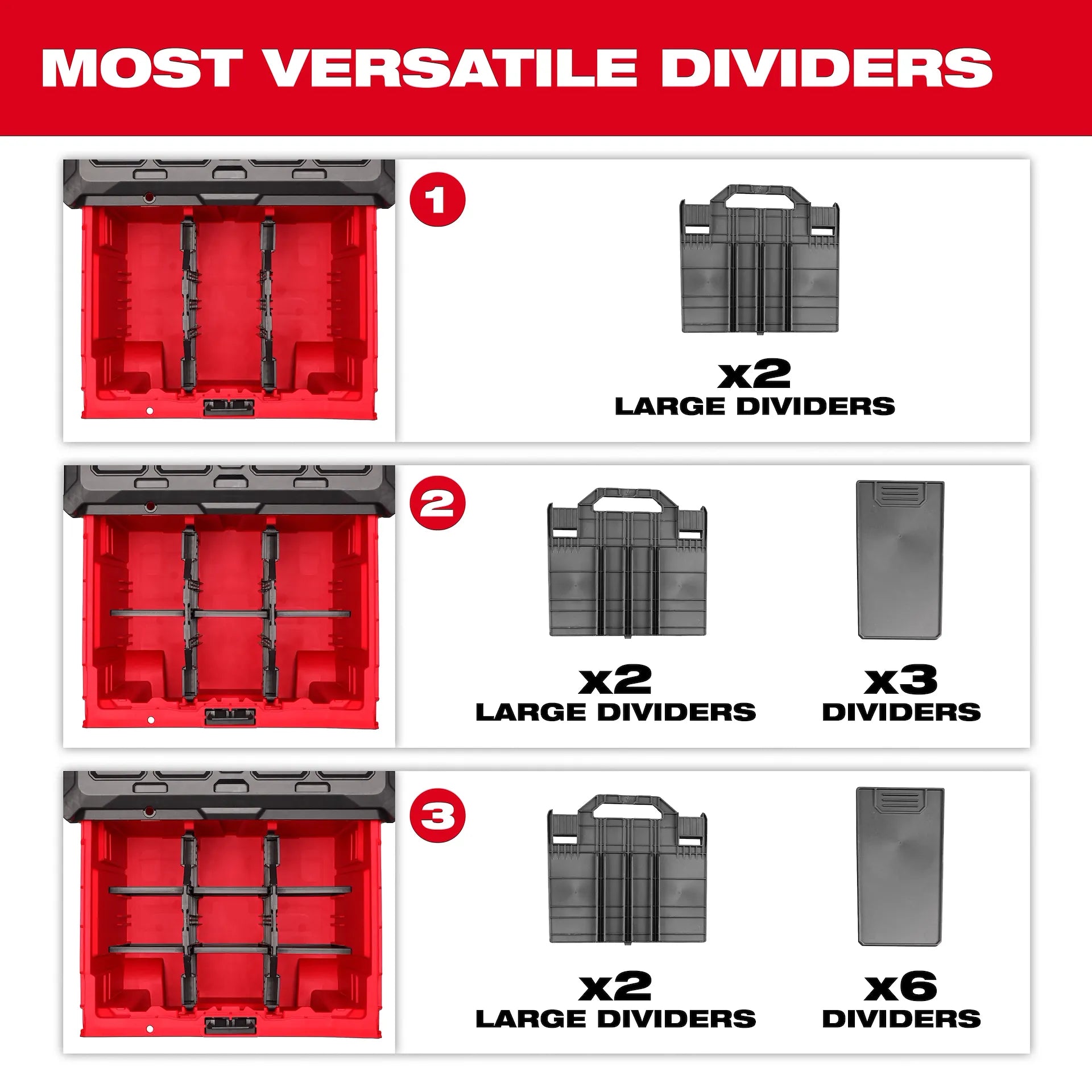 Red tool box drawer with black lid and adjustable dividers in multiple configurations.