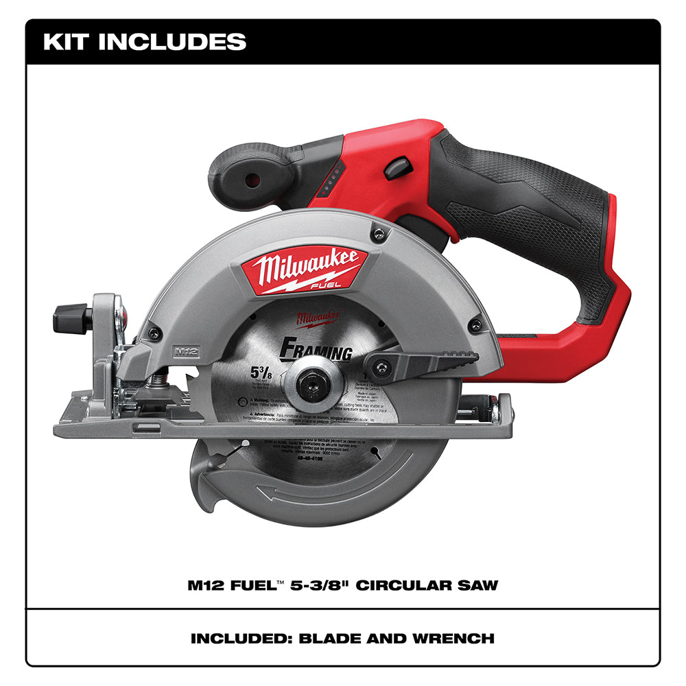 Milwaukee M12 FUEL circular saw with red housing, black grip, and gray circular blade, shown with included blade and wrench.