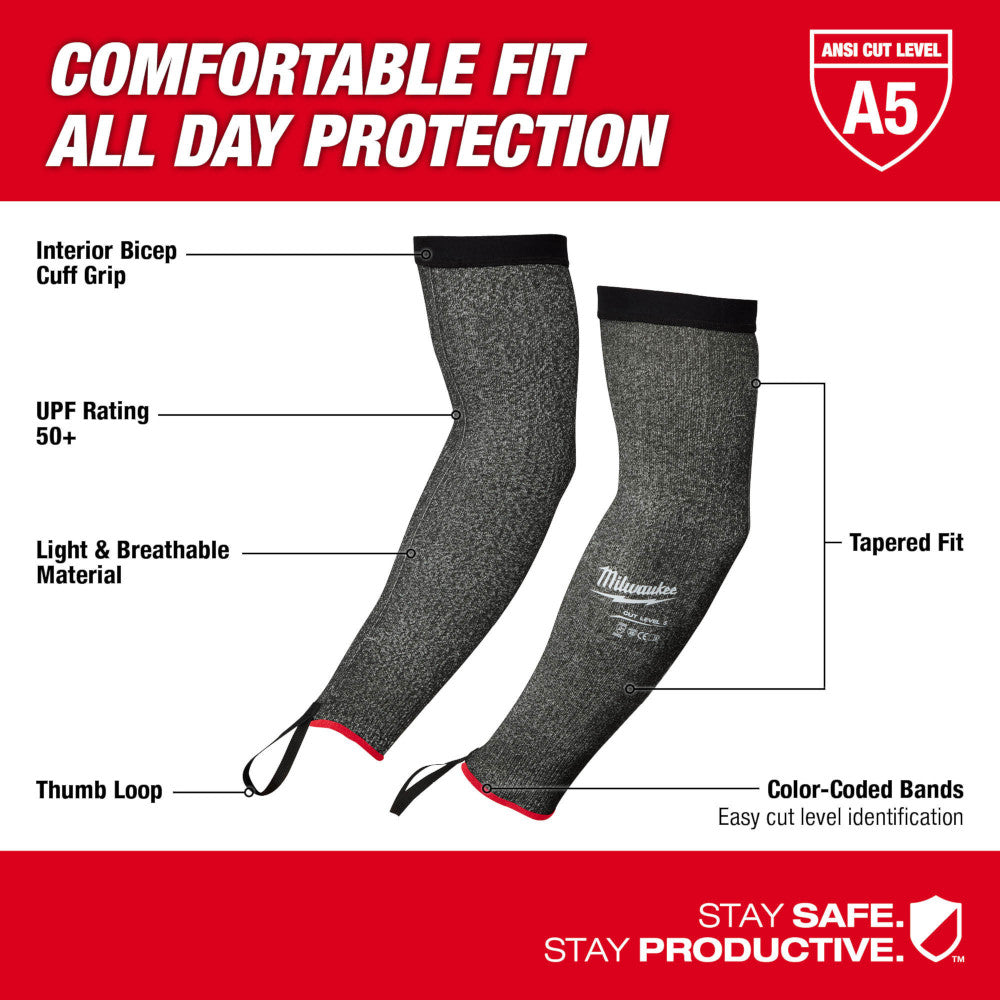 Gray knit protective sleeves with black cuff, red color-coded band, and thumb loop for arm protection.