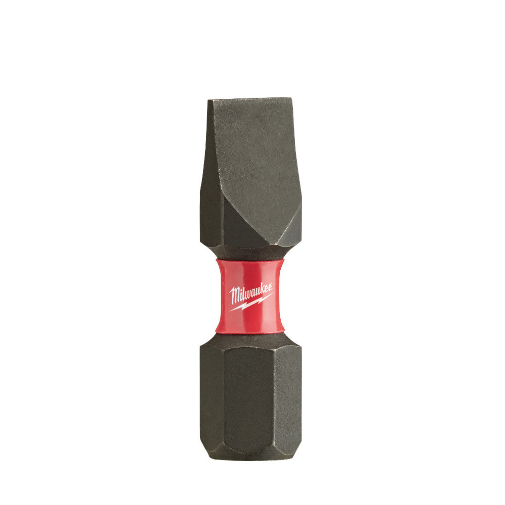 Single Milwaukee slotted insert bit with red band and black hexagonal end, shown against white background.