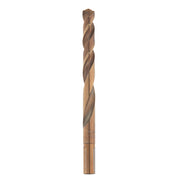 Milwaukee RED HELIX cobalt drill bit with twisted flutes and cylindrical shank on white background.