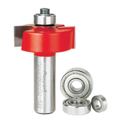 Router bit with red rabbeting head, steel shaft, and three ball bearings displayed separately.