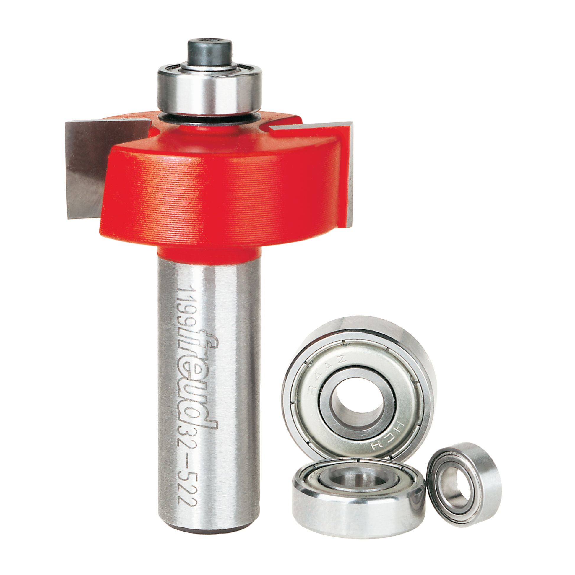Router bit with red rabbeting head, steel shaft, and three ball bearings displayed separately.