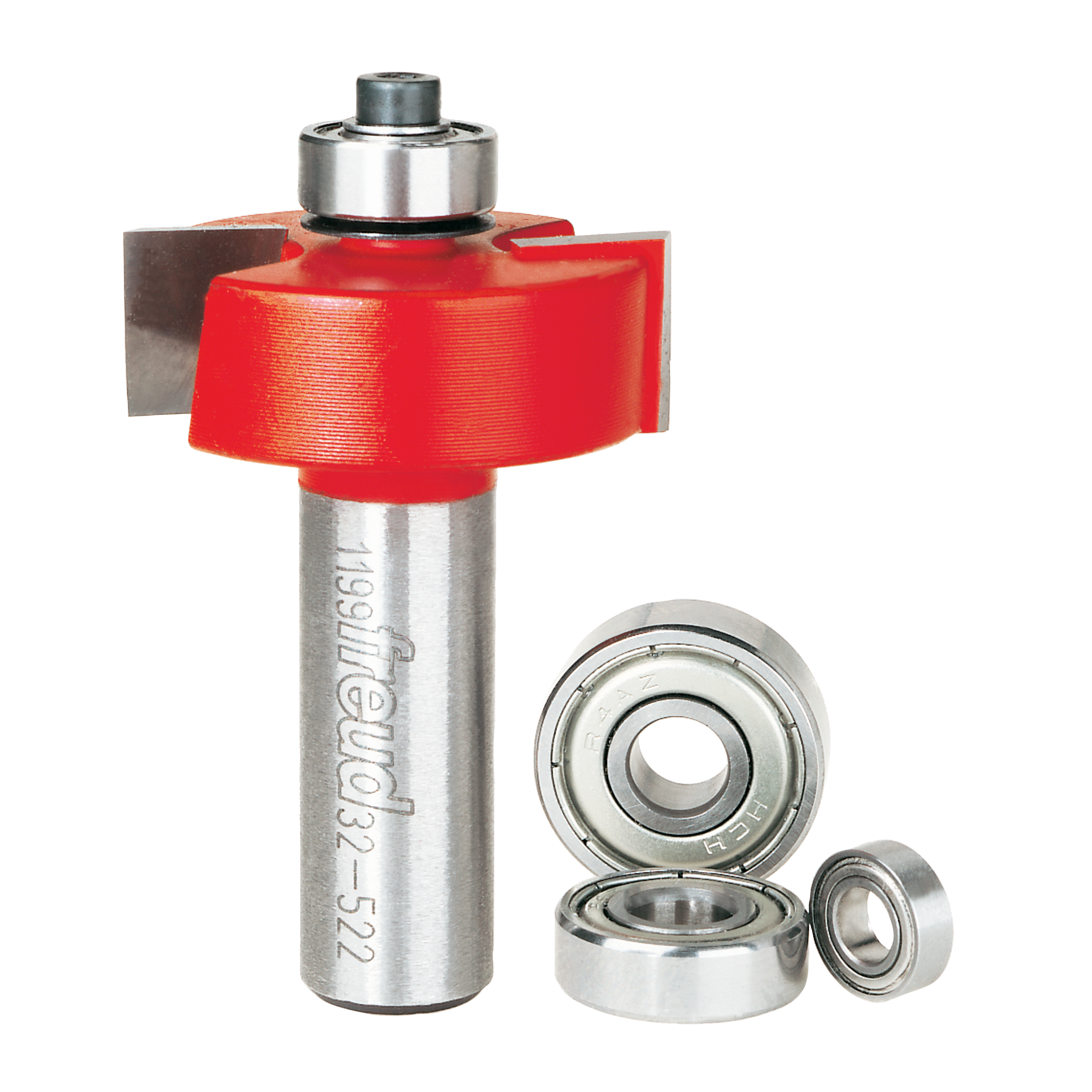 Router bit with red rabbeting head, steel shaft, and three ball bearings displayed separately.