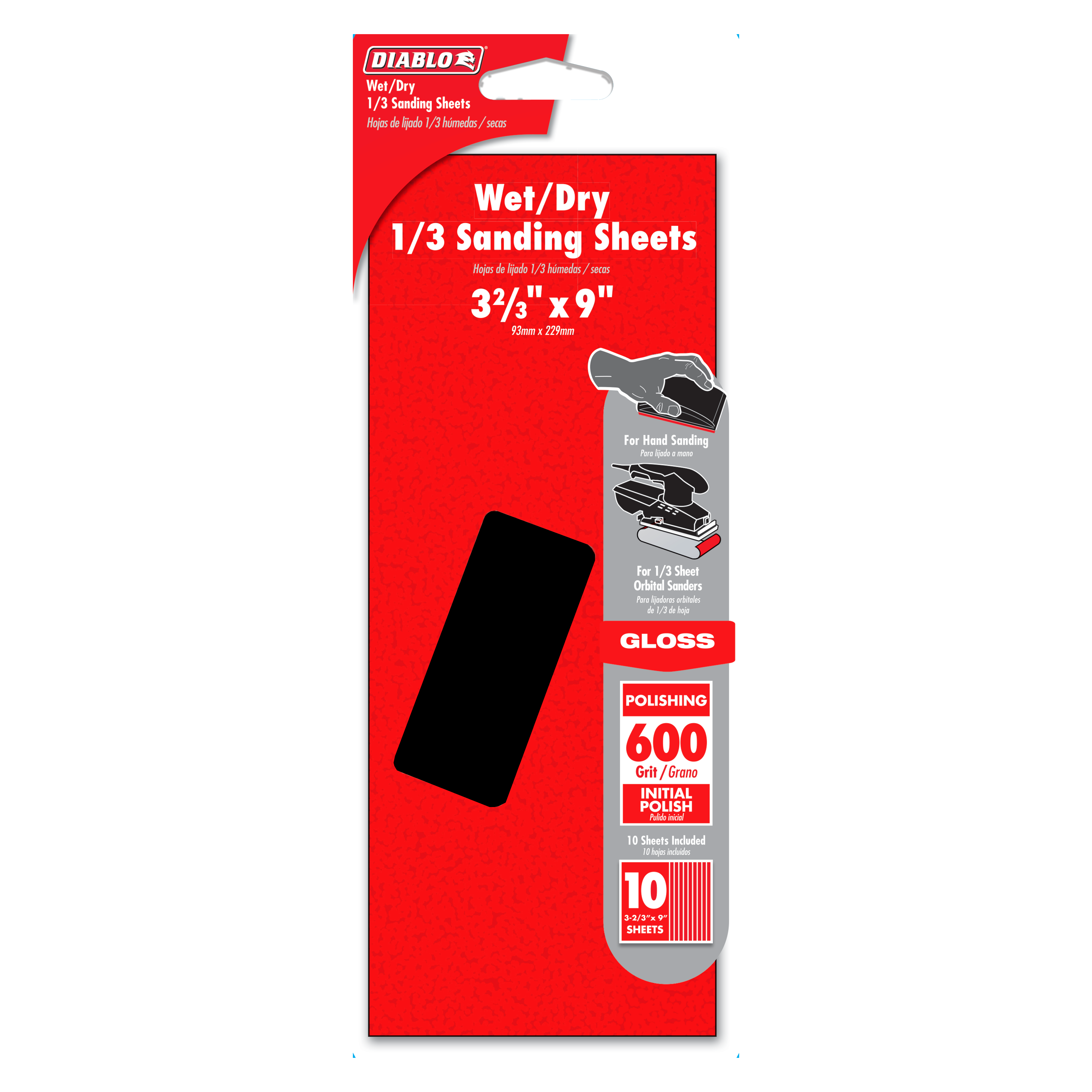 Diablo DCS323600S10W Wet/Dry 1/3 Sheet (3-2/3 in x 9 in.) 600-Grit (Polishing) Sanding Sheet (10-Piece)