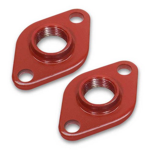 Two red iron pump flanges with threaded centers and mounting holes.