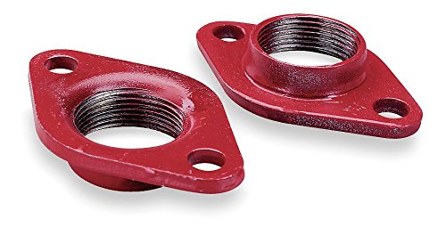 Two red iron pump flanges with threaded centers and mounting holes.