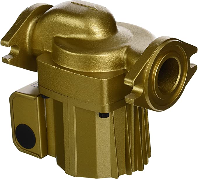 Bronze circulator pump with threaded inlet and outlet ports, electric motor base, and rounded body housing.