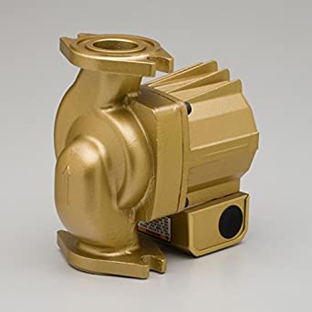 Bronze circulator pump with brass housing, inlet port on top, outlet connection on side, and motor attachment base.