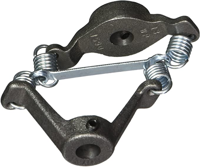 Metal coupler with two dark iron arms, center steel bar, and four coiled springs connecting the components.