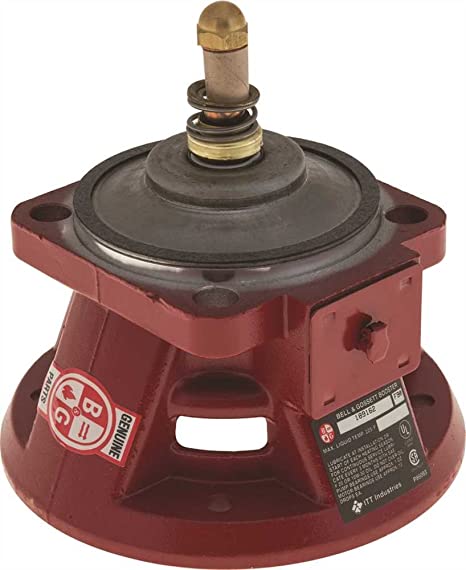 Bell & Gossett bearing assembly with brass shaft, black rubber seal, and red cast iron housing with mounting holes.