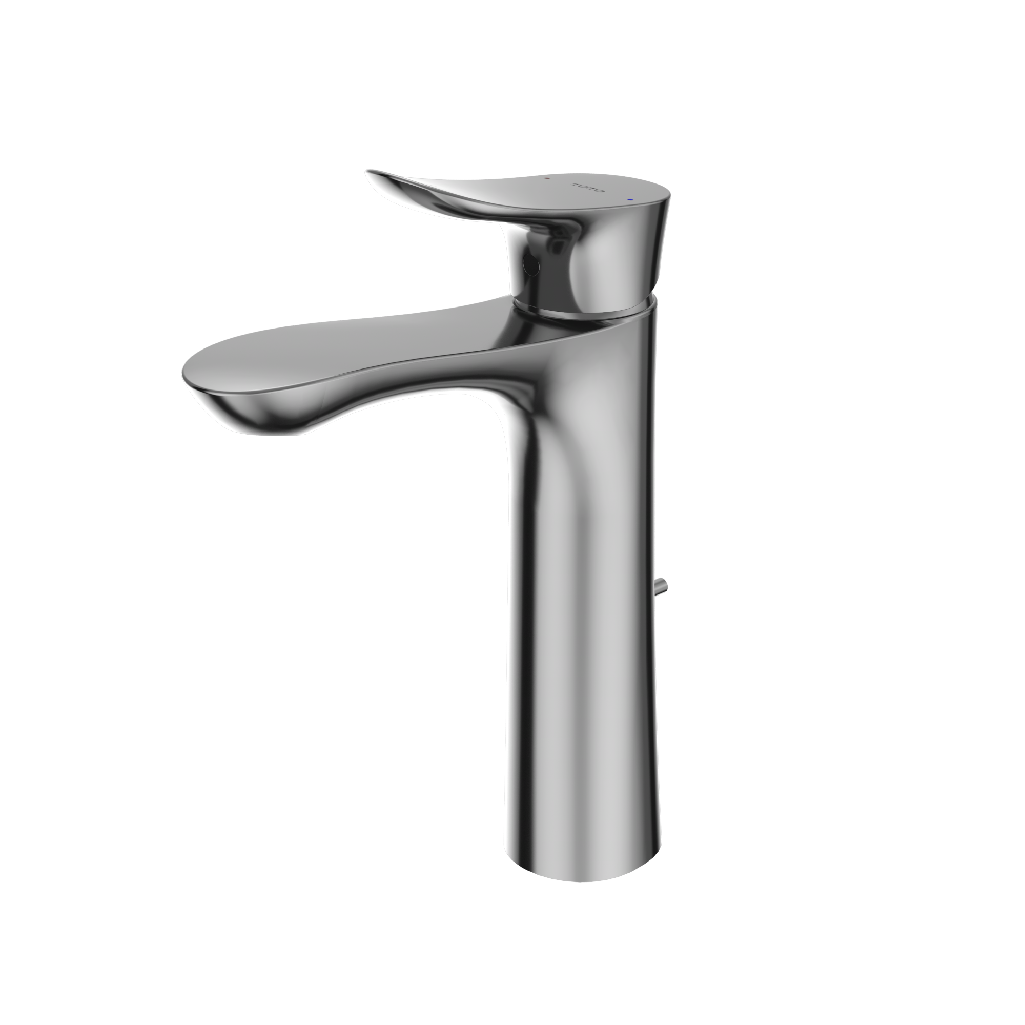 Polished chrome single-handle bathroom sink faucet with curved spout and tall cylindrical body.
