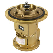 Bronze sleeve bearing assembly with central shaft, black seal ring, and mounting flange bolts.