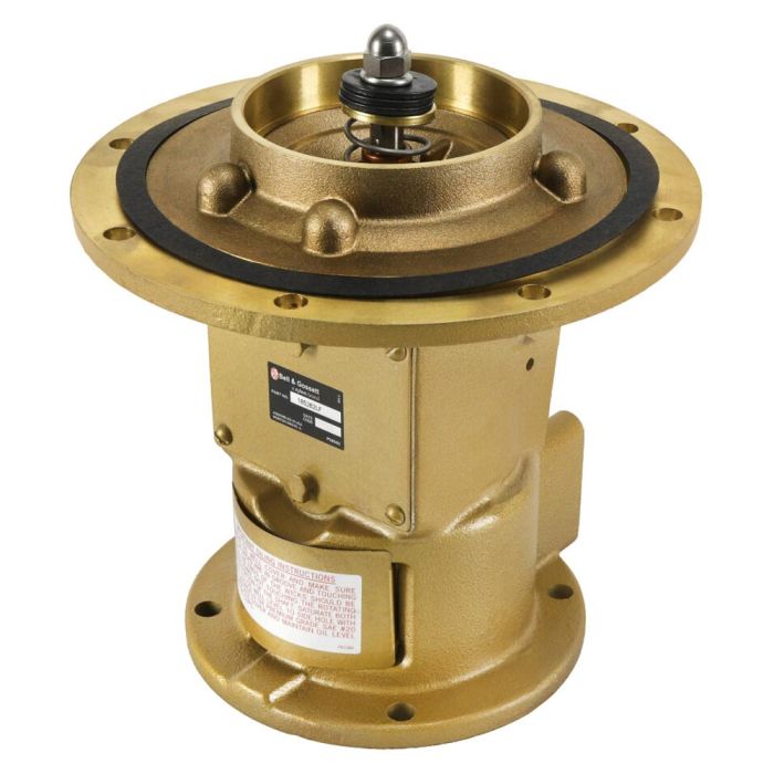 Bronze sleeve bearing assembly with central shaft, black seal ring, and mounting flange bolts.