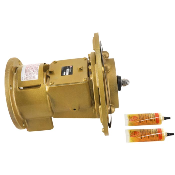 Bronze sleeve bearing assembly with motor, flanged pulley, and two tubes of lubricant.