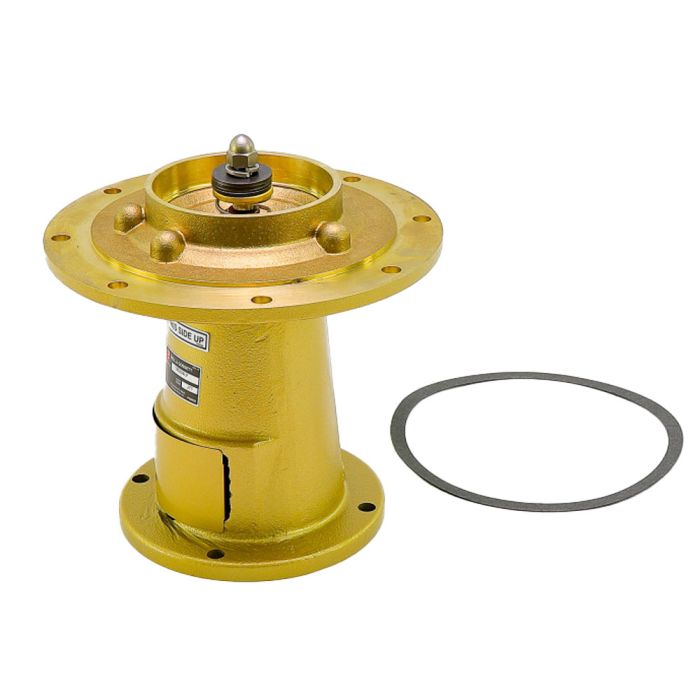 Bronze sleeve bearing assembly with yellow brass housing, central shaft component, mounting flange with bolt holes, and rubbe