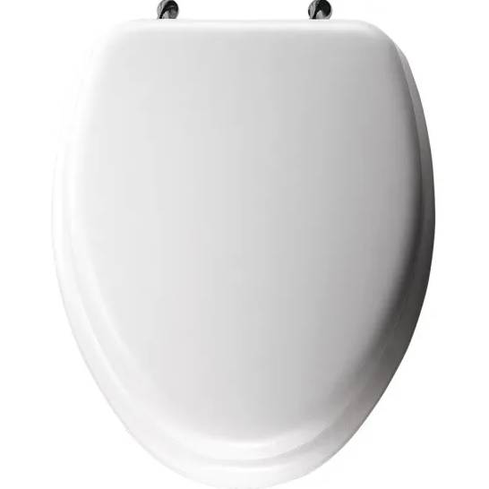 White elongated toilet seat with cushioned vinyl surface and chrome hinges.