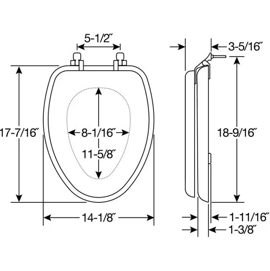 White elongated toilet seat with chrome hinges and dimension specifications shown from top and side views.