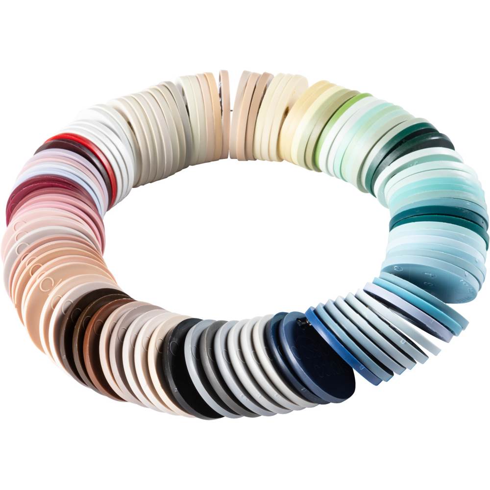 Circular color chip ring displaying multiple toilet seat shade samples ranging from red and pink through neutrals to blues an