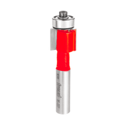 Silver and red router bit with cylindrical steel shank and square cutting head for woodworking.