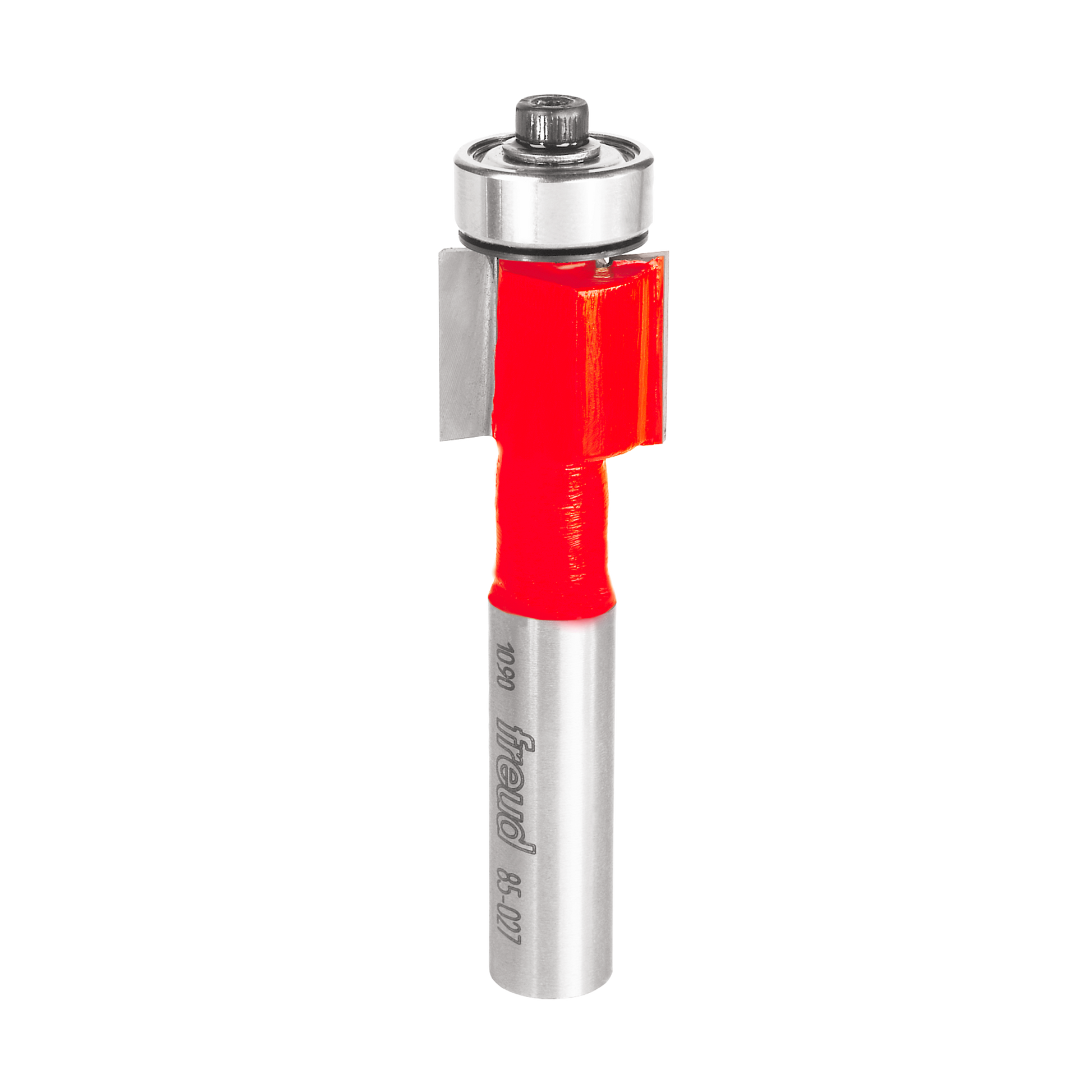 Silver and red router bit with cylindrical steel shank and square cutting head for woodworking.