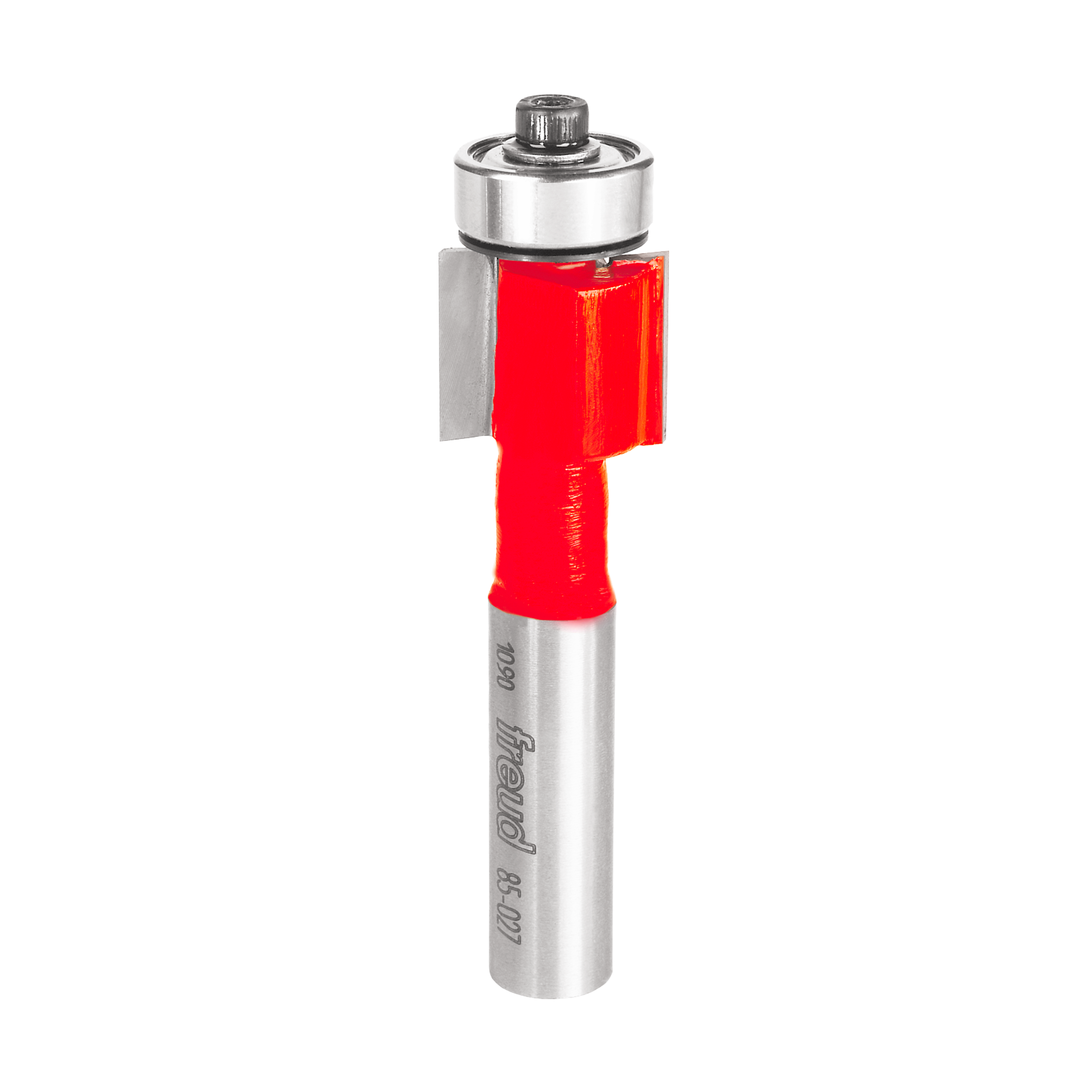 Silver and red router bit with cylindrical steel shank and square cutting head for woodworking.