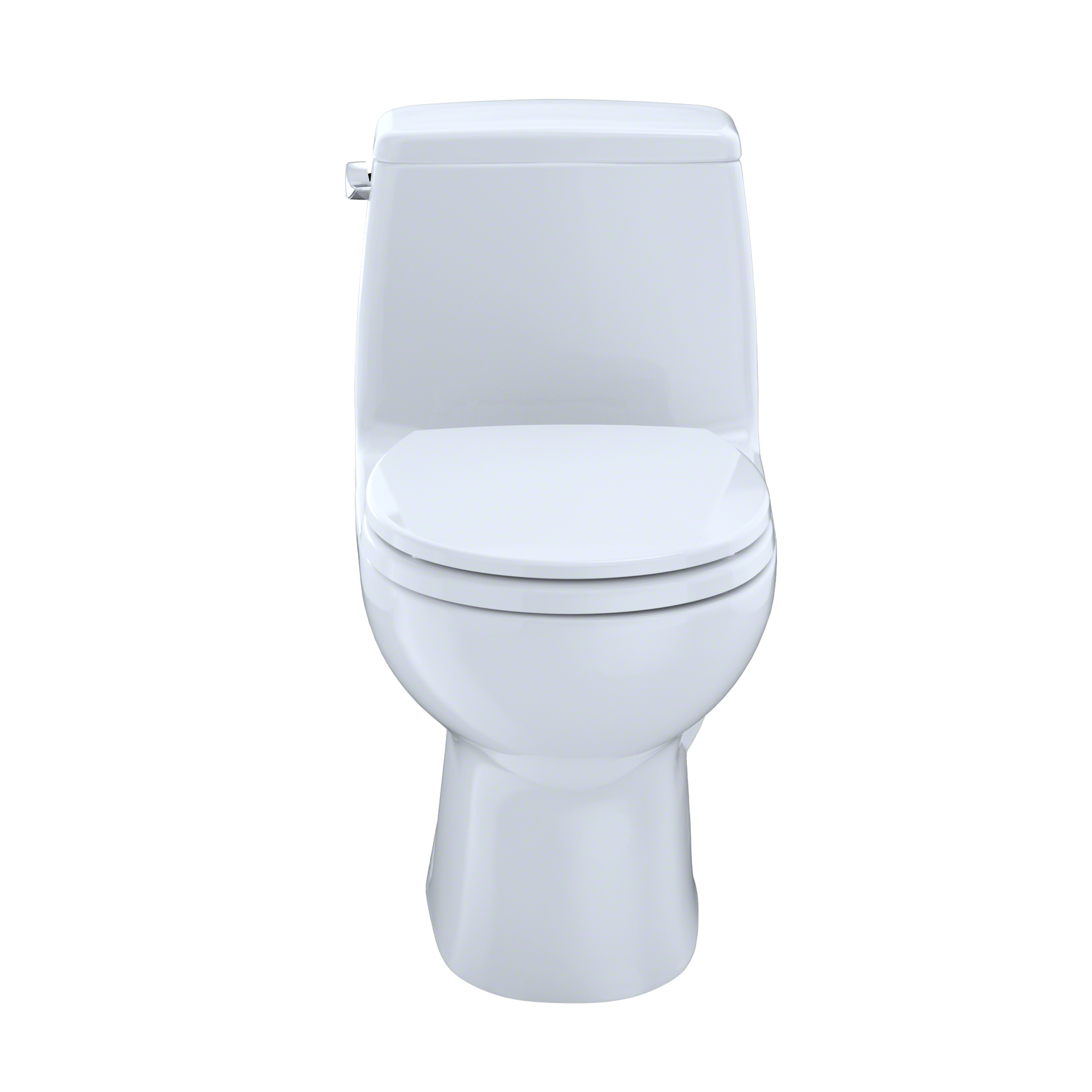 White round toilet with soft-close seat and integrated tank.