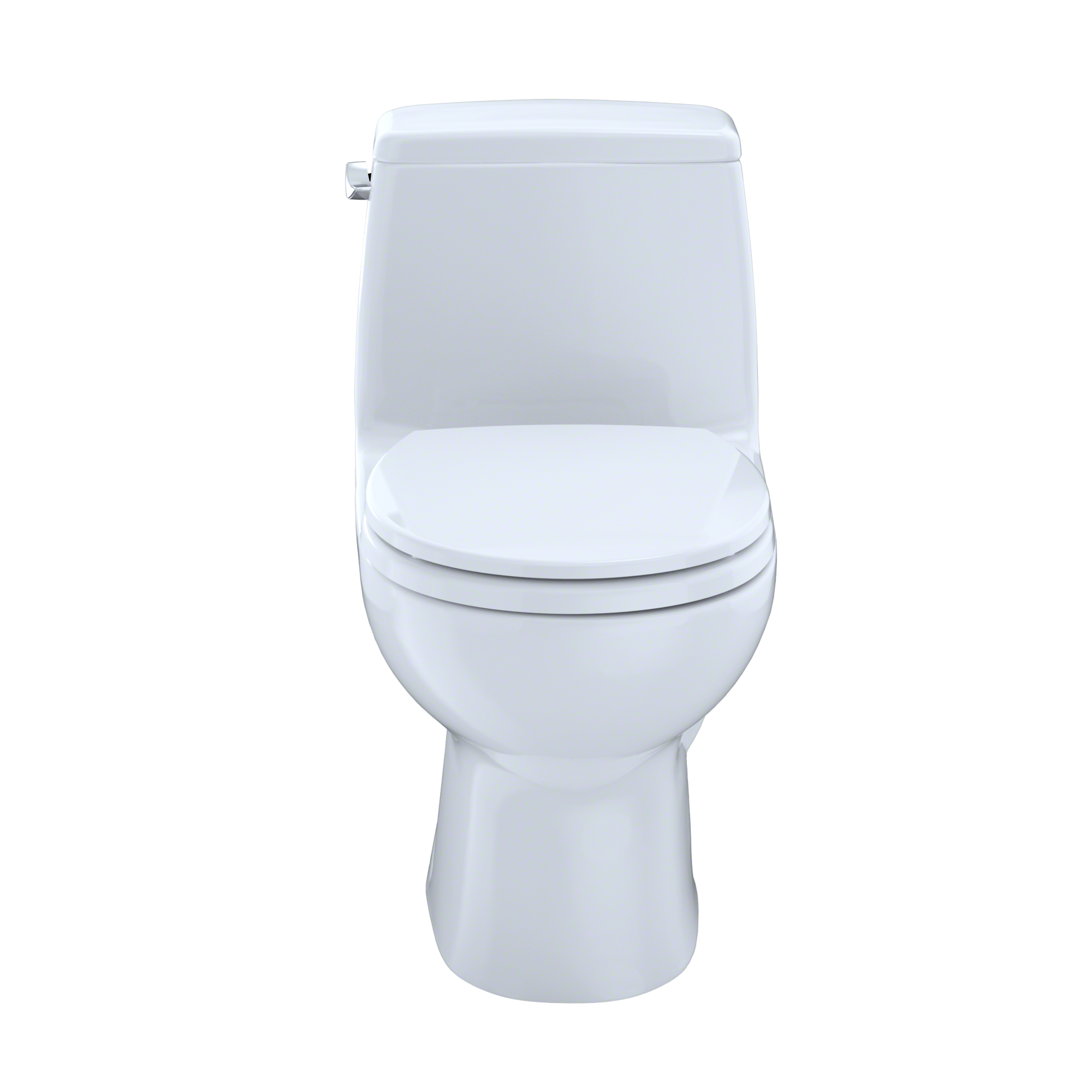 White round toilet with soft-close seat and integrated tank.