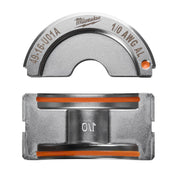 Milwaukee 49-16-U01A aluminum U-style die for 1/0 AWG cable, shown from top and bottom views with orange alignment guides.