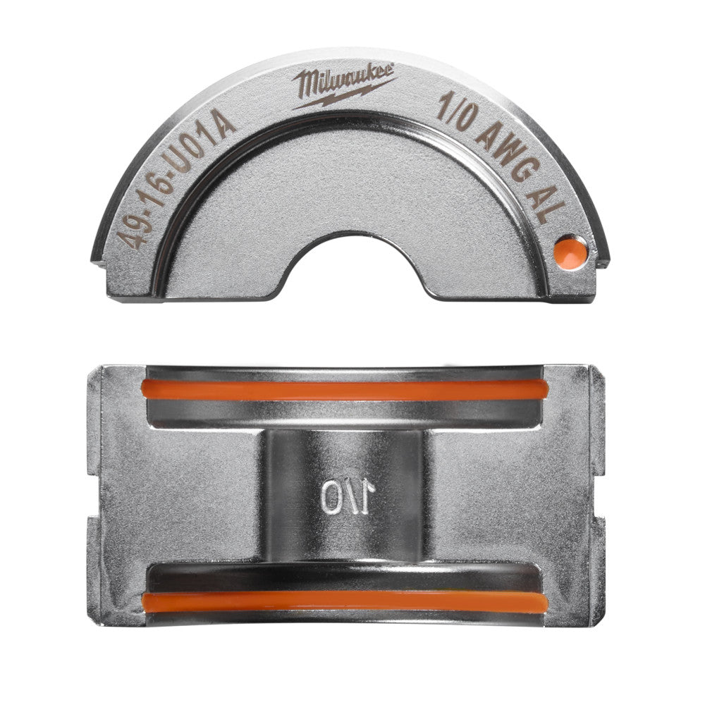 Milwaukee 49-16-U01A aluminum U-style die for 1/0 AWG cable, shown from top and bottom views with orange alignment guides.