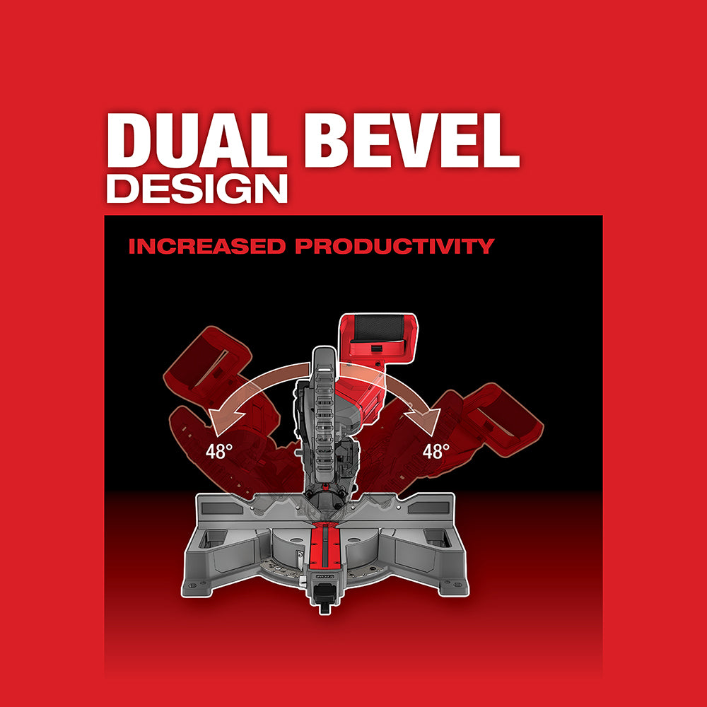 Milwaukee M18 FUEL miter saw with dual bevel blade tilting 48 degrees left and right, shown from front view.