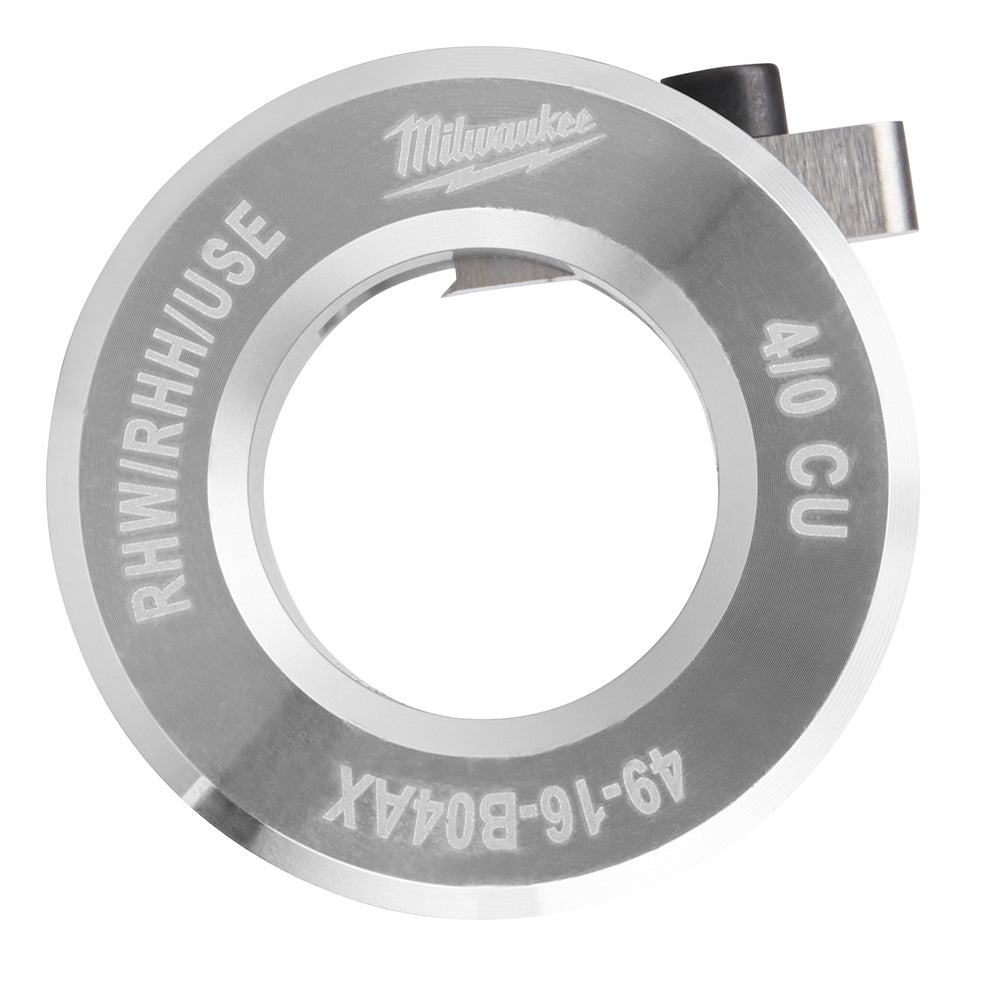 Milwaukee 4/0 AWG copper electrical bushing with RHW/RHH/USE markings and metal lug attachment.