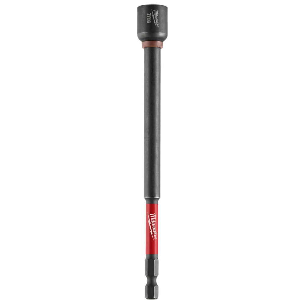 Black and red Milwaukee magnetic nut driver with 7/16" socket and 6" shaft length.
