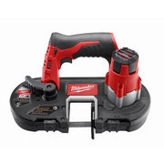 Red and black Milwaukee M12 cordless band saw with handle, motor housing, and wide base viewed from the front.