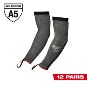 Two gray knit protective sleeves with black cuffs and red accent trim, ANSI A5 cut level rated.