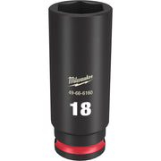 Black deep socket with hexagonal opening, marked "18" and Milwaukee branding, red grip band at base.