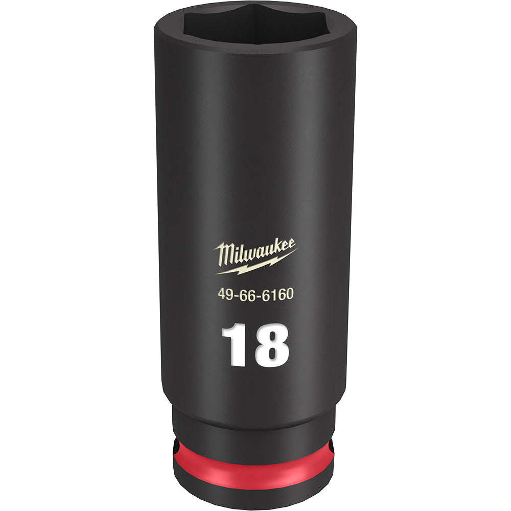 Black deep socket with hexagonal opening, marked "18" and Milwaukee branding, red grip band at base.