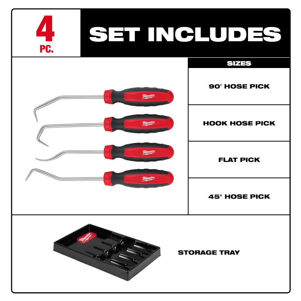 Four hose picks with red and black handles and a black storage tray.