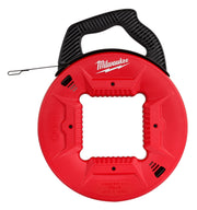 Red circular Milwaukee fish tape reel with black ribbed handle and steel tape extended from side.