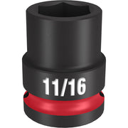 Black impact socket with 11/16" marking and red grip ring, 1/2" drive, 6-point design.