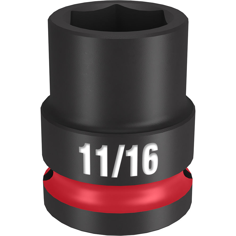 Black impact socket with 11/16" marking and red grip ring, 1/2" drive, 6-point design.