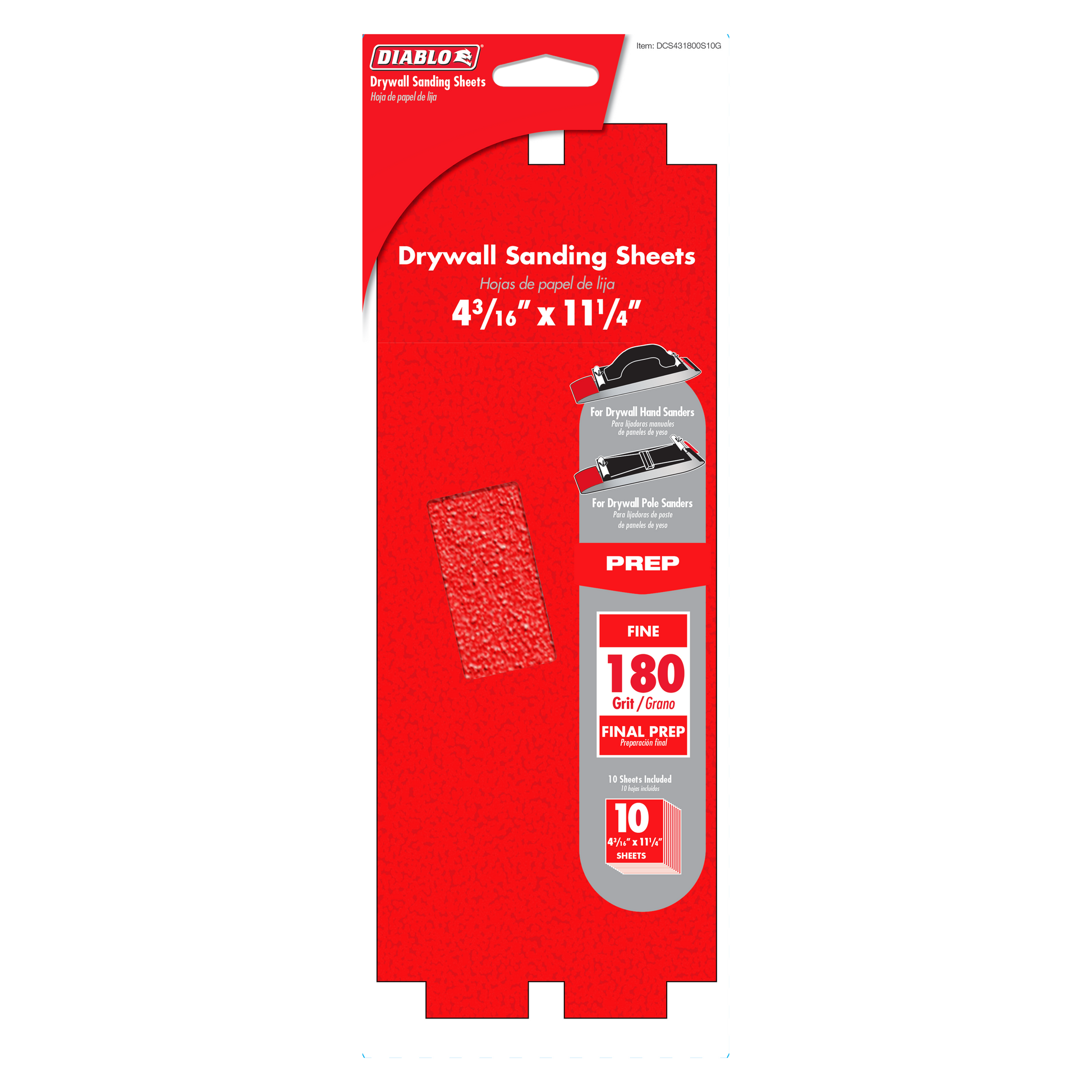 Diablo red packaging containing 10 drywall sanding sheets, 4-3/16 by 11-1/4 inches, 180-grit fine grit.