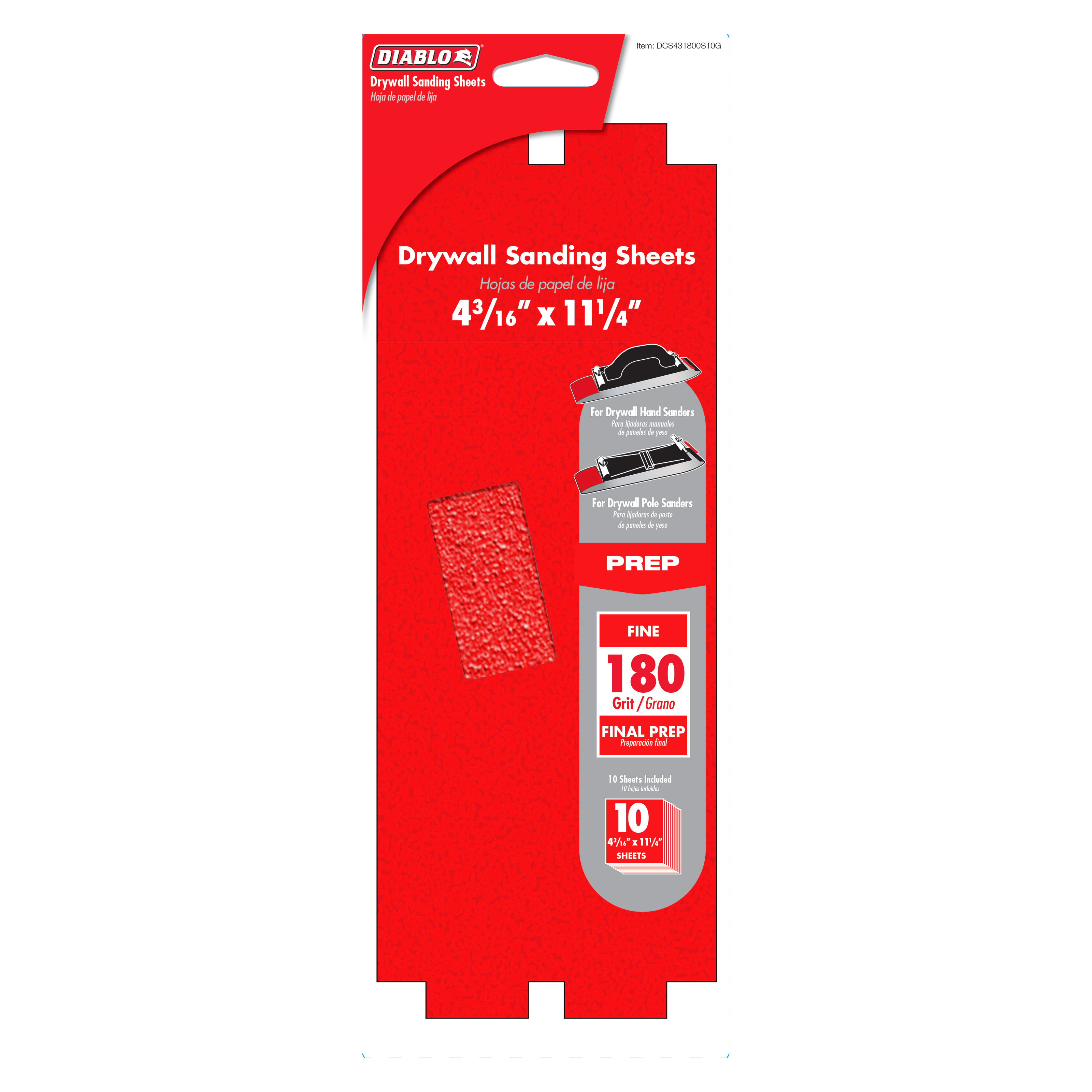 Diablo red packaging containing 10 drywall sanding sheets, 4-3/16 by 11-1/4 inches, 180-grit fine grit.