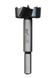 Milwaukee 35mm Forstner bit with flat metal shaft and four-pointed cutting head on white background.