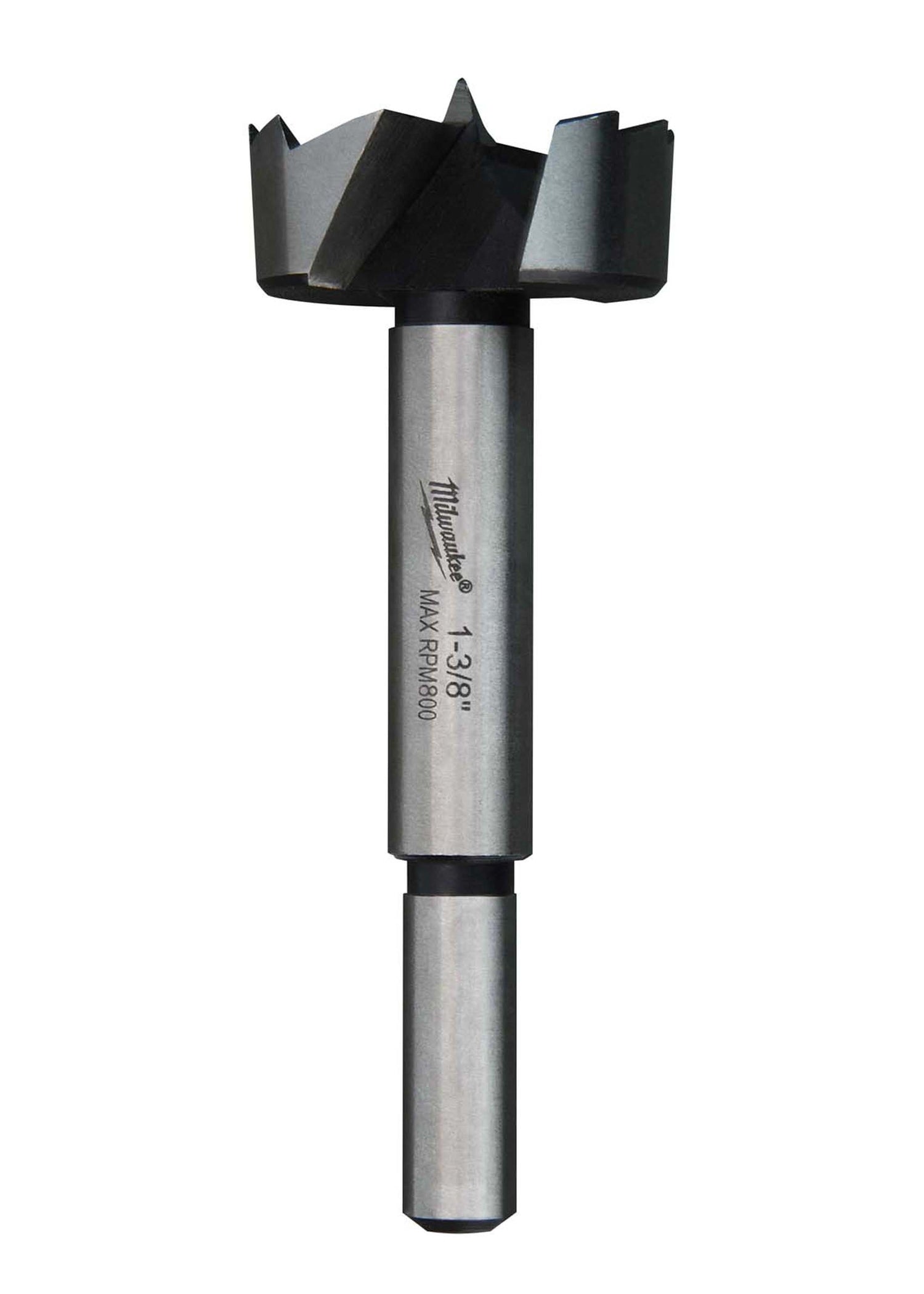 Milwaukee 1-3/8 inch Forstner bit with gray cylindrical body and black cutting head with curved edges.