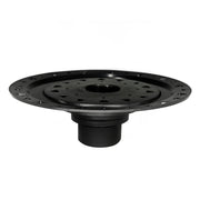 Black plastic drain body with bonded flange featuring perforated surface and central outlet connection.