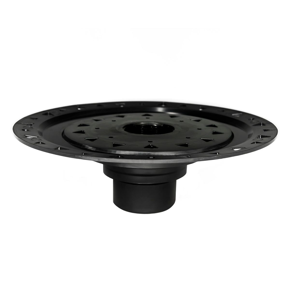 Black plastic drain body with bonded flange featuring perforated surface and central outlet connection.