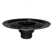 Black plastic drain body with wide bonded flange base and central cylindrical outlet with threaded interior.